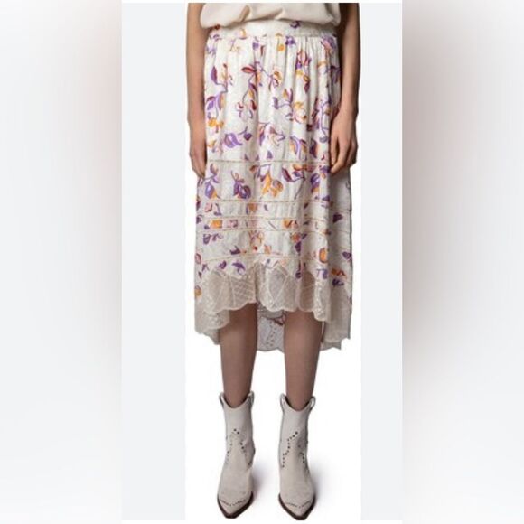 Zadig & Voltaire Joslin lace Jac cut flowers High Low silk blend Skirt 36. NWT - Picture 1 of 9